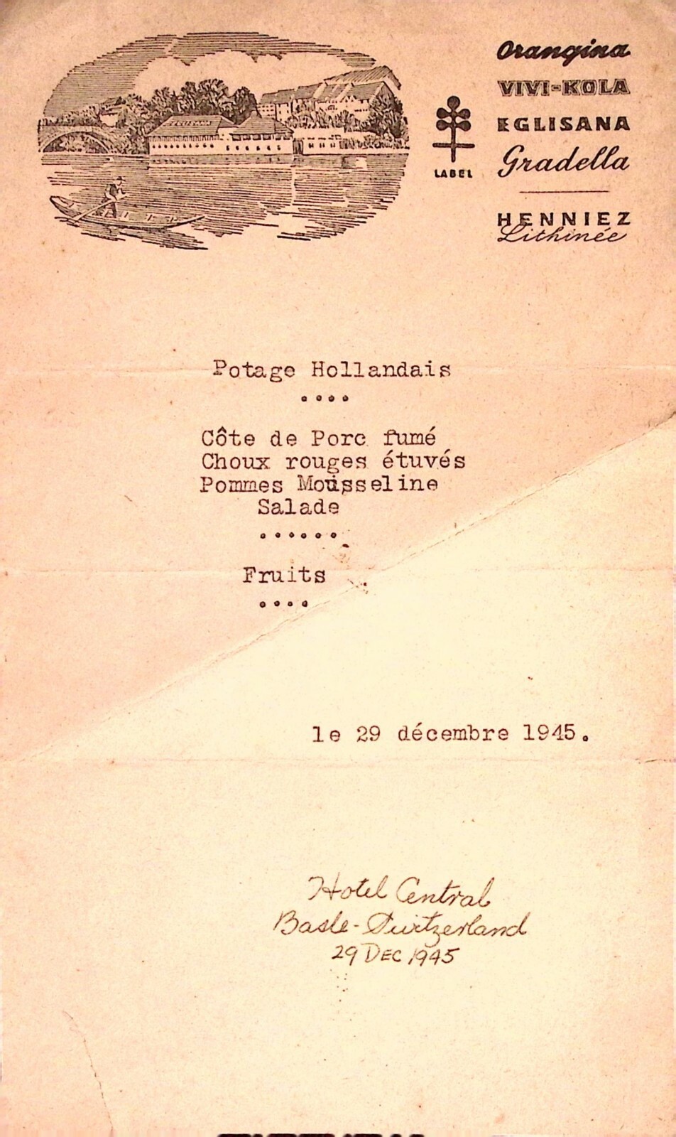 1945 Hotel Central Basel Switzerland Restaurant Menu Dinner Ephemera