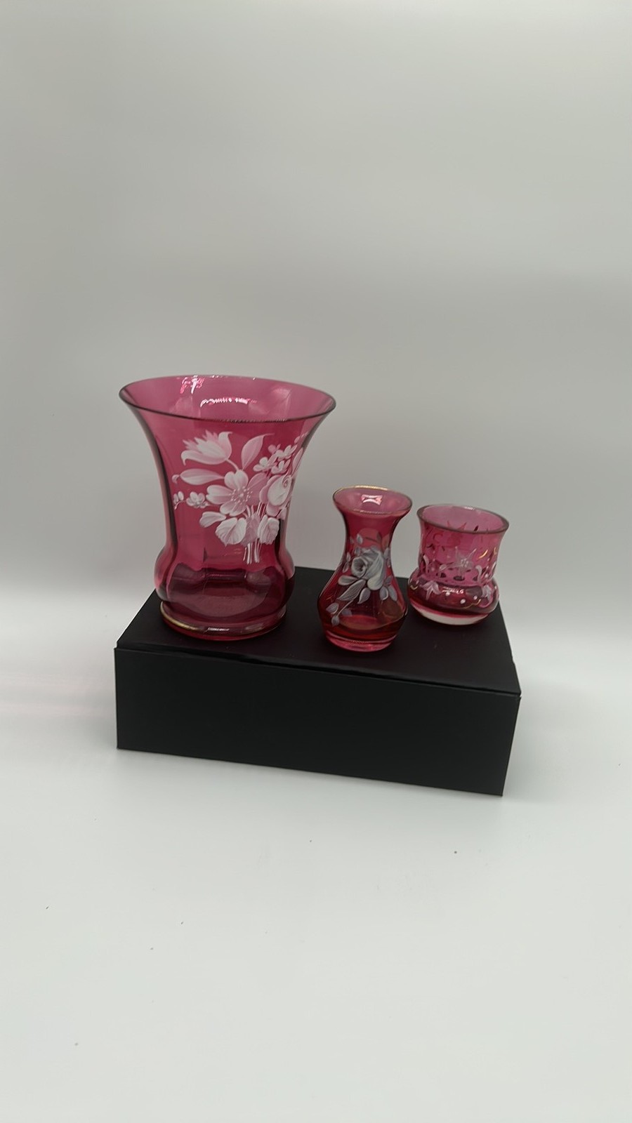 Vintage Murano-Style Cranberry Glass Vases Set of 3 with Hand-Painted Enamel...