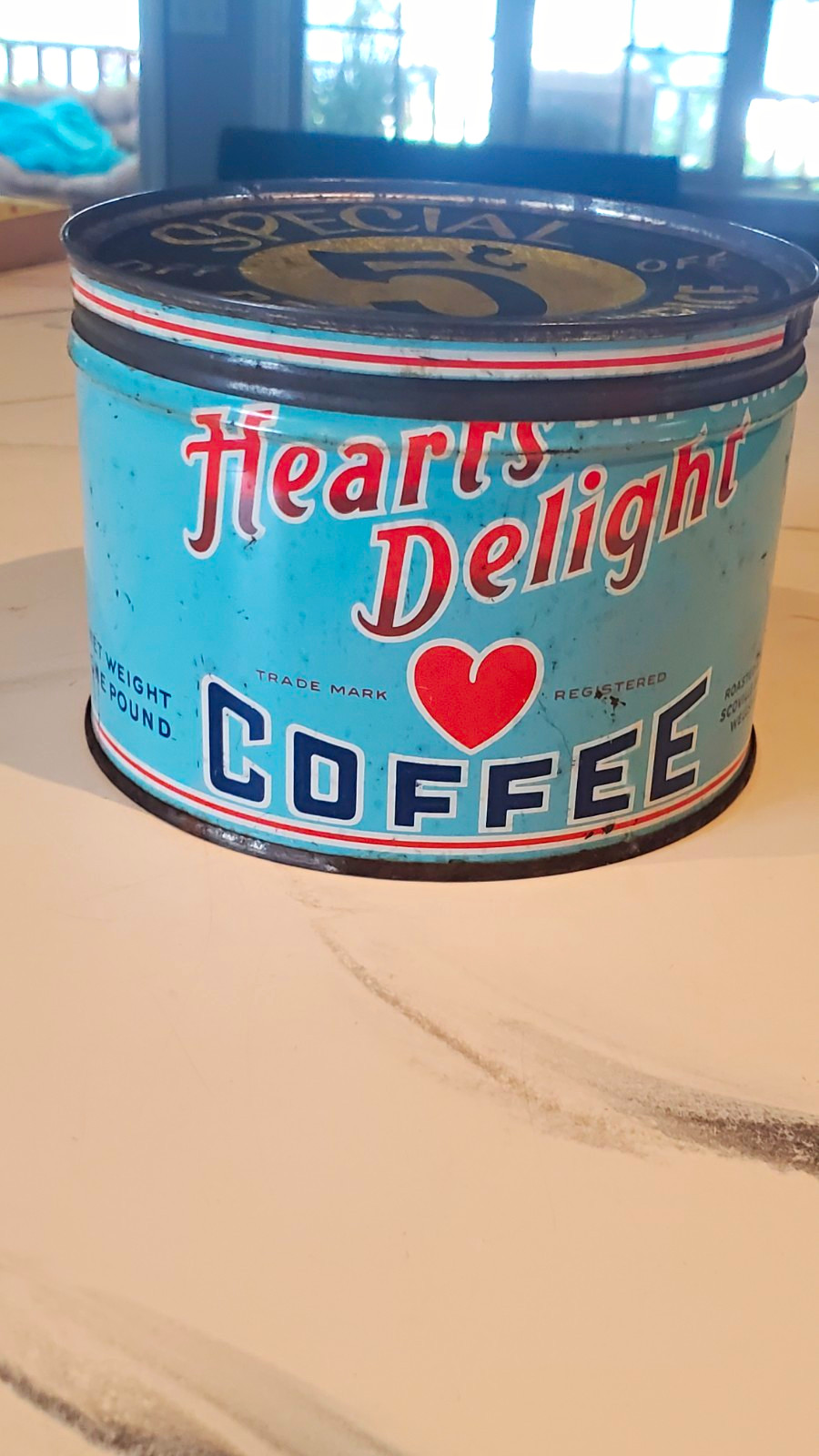 Rare antique Heart's Delight Coffee Tin Canister w/ Lid Special 5¢ 