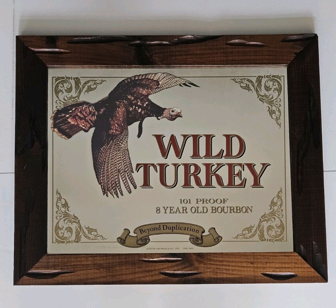Vintage Wild Turkey Bourbon Whiskey Bar Mirror 101 Proof 8 Years Aged Wood Frame Vintage Wild Turkey Bourbon Whiskey Bar Mirror 101 Proof 8 Years Aged Wood Frame