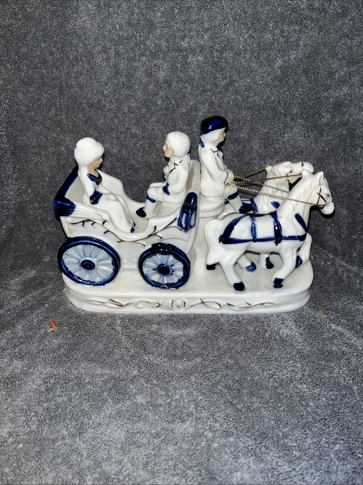 Vintage Porcelain Horse Drawn Carriage Figurine  Blue White