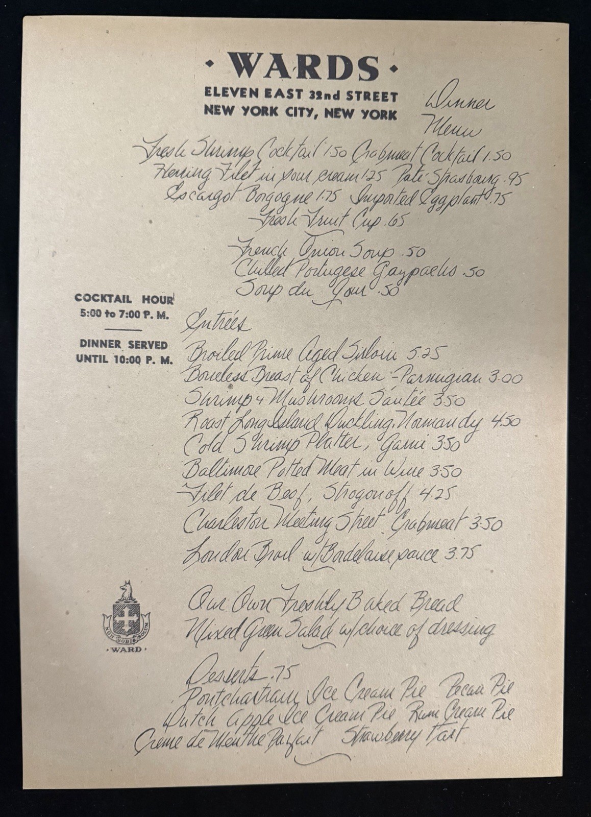 Vintage Wards Black Bass NYC Restaurant Dinner Menu Recipe Sheet 1960s