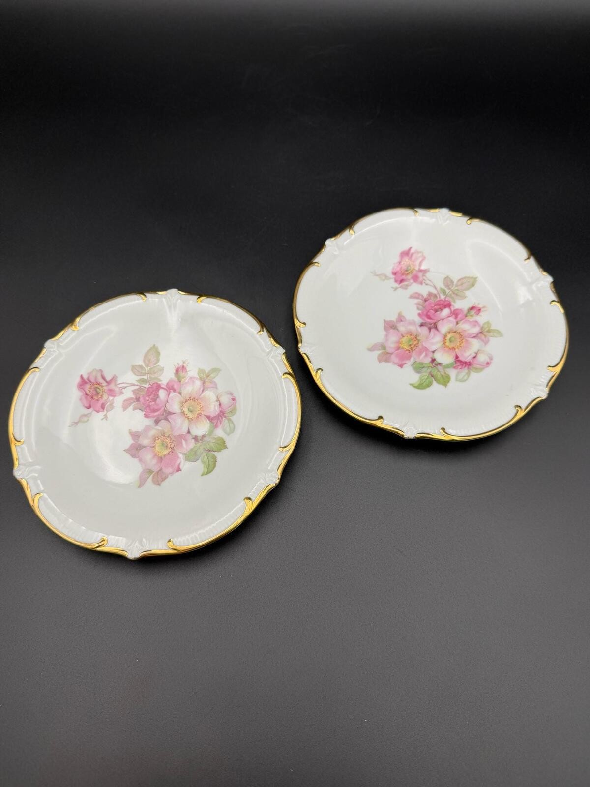 Vintage Schumann Bavaria Dessert Plates Pink Floral Gold Rim Germany Pair