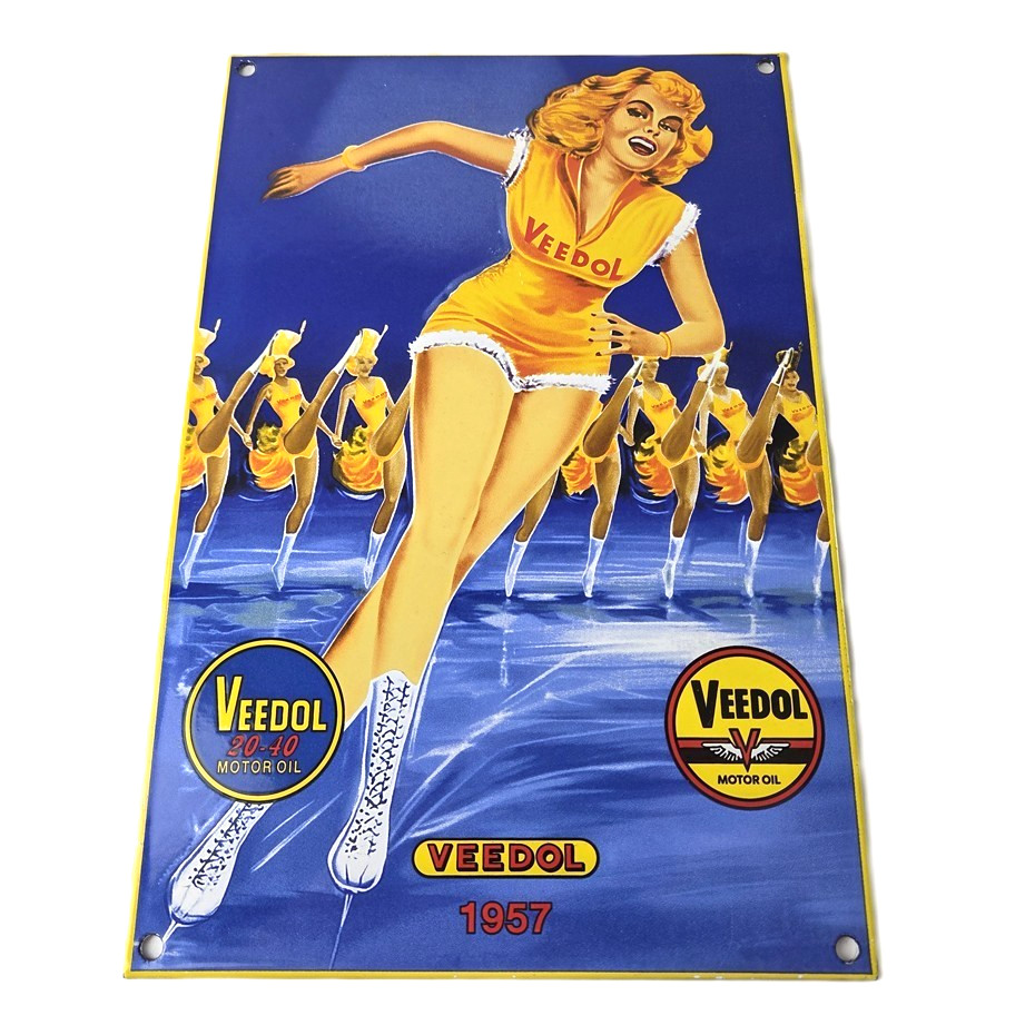 Vintage Veedol Motor Oil Sign - Roller Skating Service Gas Pump Porcelain Sign