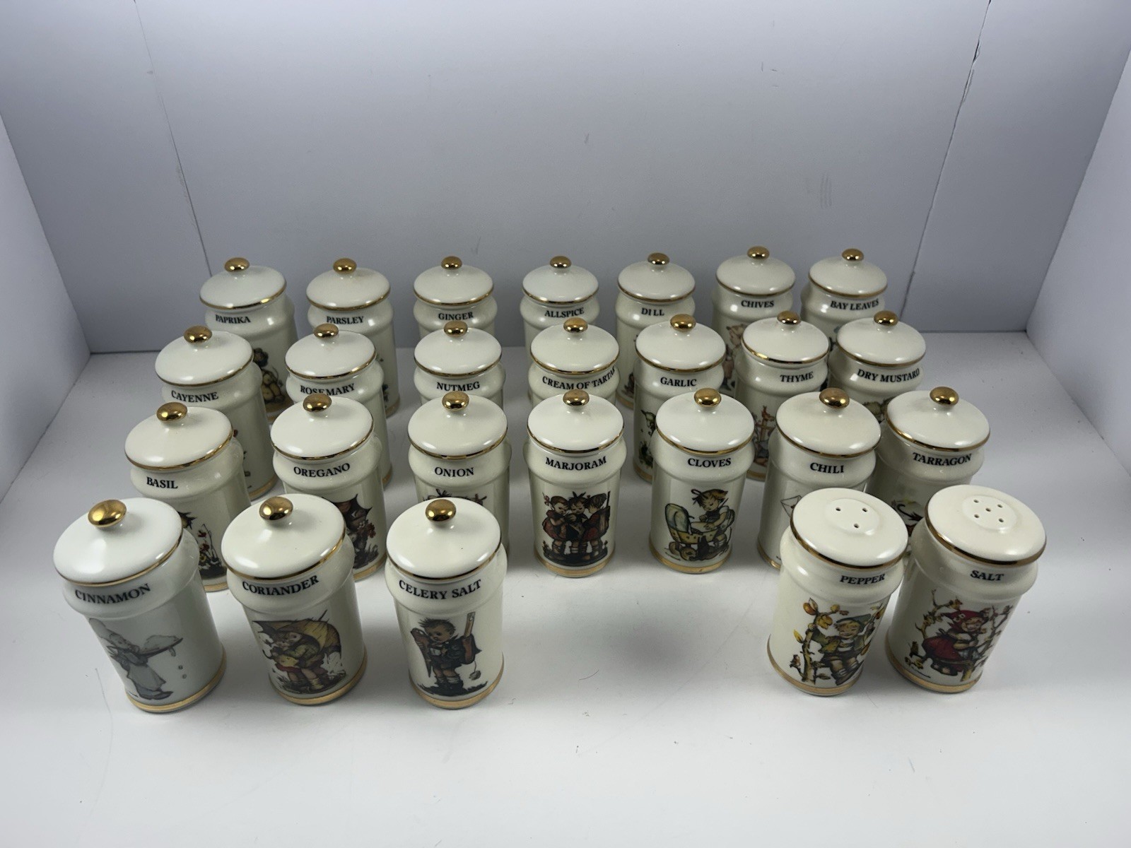 Vtg MJ Hummel Danbury Mint 1987 Spice Jars Complete 24pc Set + Salt & Pepper