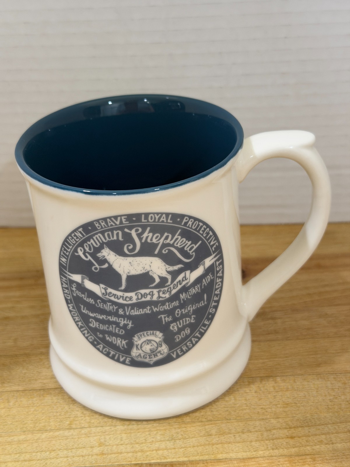 Demdaco 2016 German Shepherd Breed Mug Cream on outside blue interior