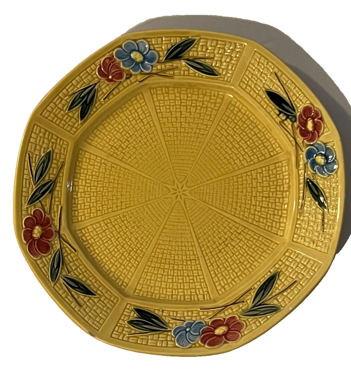 Vintage Majolica LDB Co Salad Dessert Plate Basket Weave Yellow Germany 1930s 9\