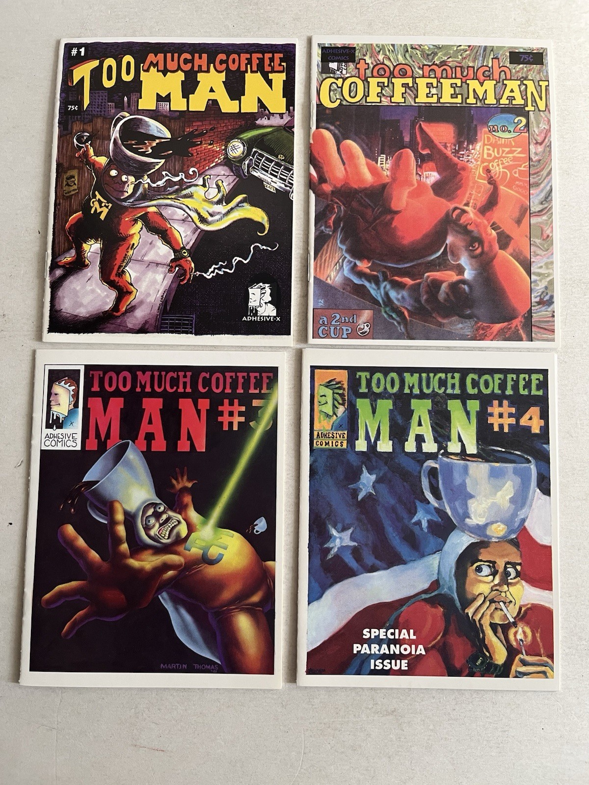 TOO MUCH COFFEE MAN Ashcan Lot #1-4 1 2 3 4 Adhesive Comics 1993 2nd Prints NM