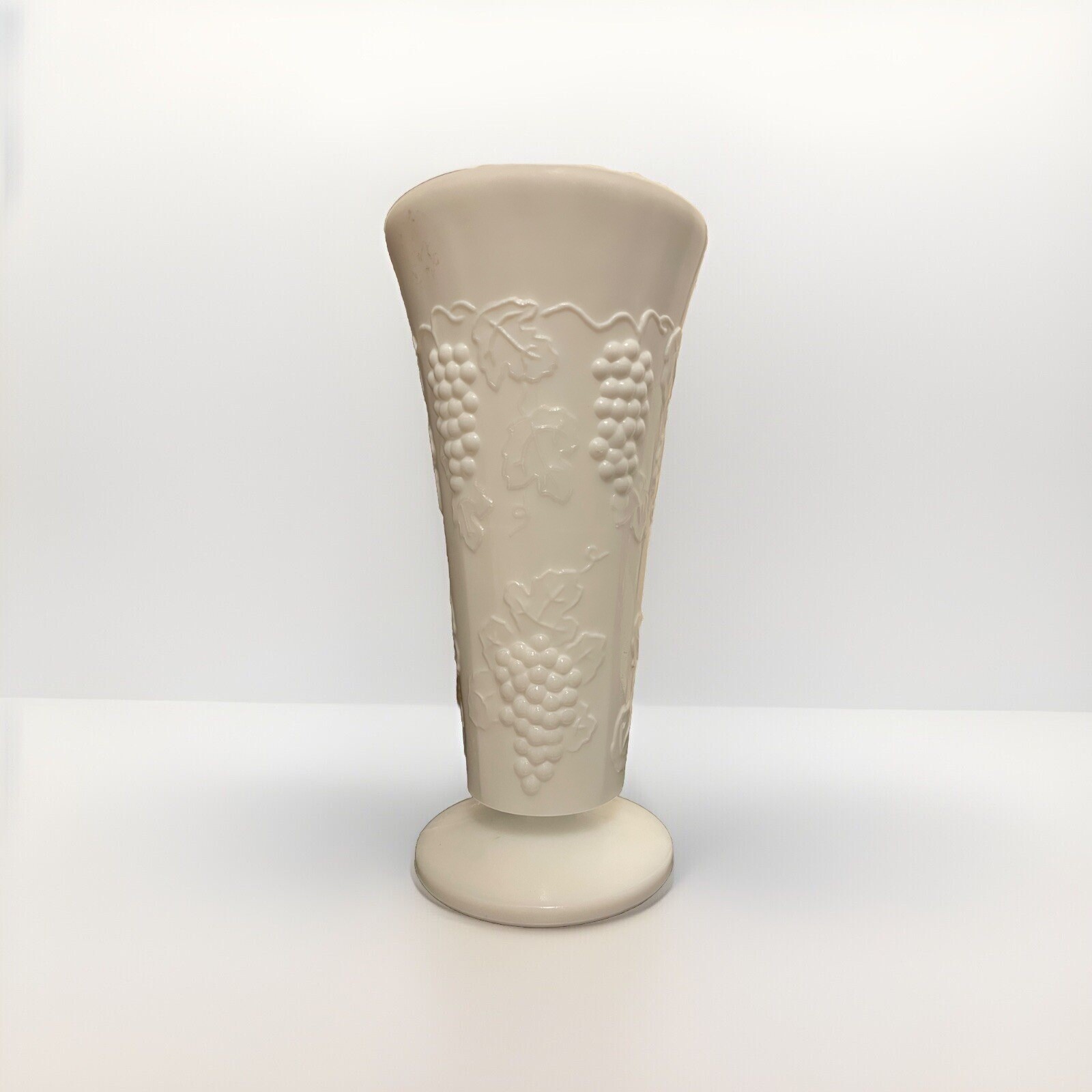 Vintage Milk Glass 10” Footed Vase Harvest Grape Pattern, Indiana Glass Company