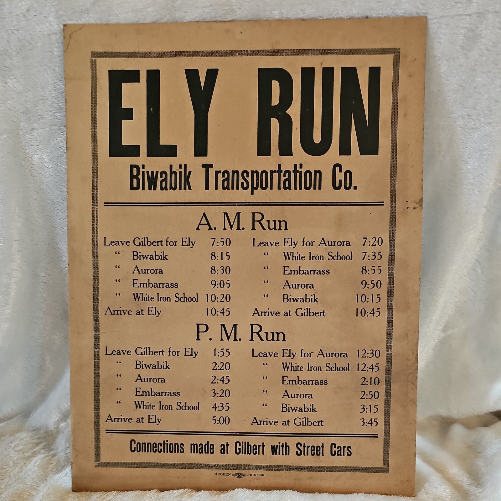 Vintage Ely-Gilbert MN Bus Schedule Poster Biwabik Transportation Co 1915-1924 Vintage Ely-Gilbert MN Bus Schedule Poster Biwabik Transportation Co 1915-1924