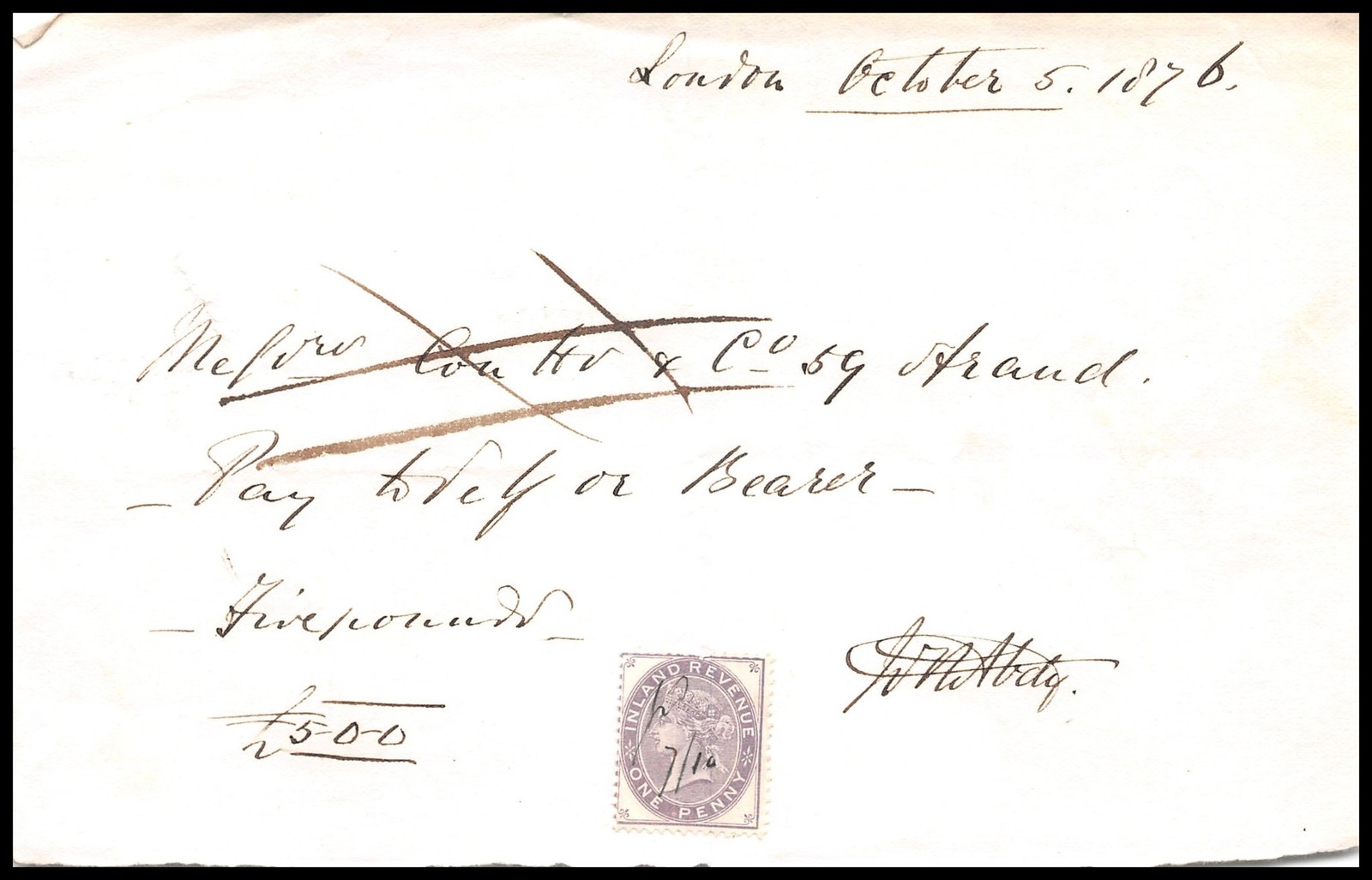Antique 1876 Victorian Ephemera COUTTS & CO Bank Bill of Exchange Cheque #C09-22