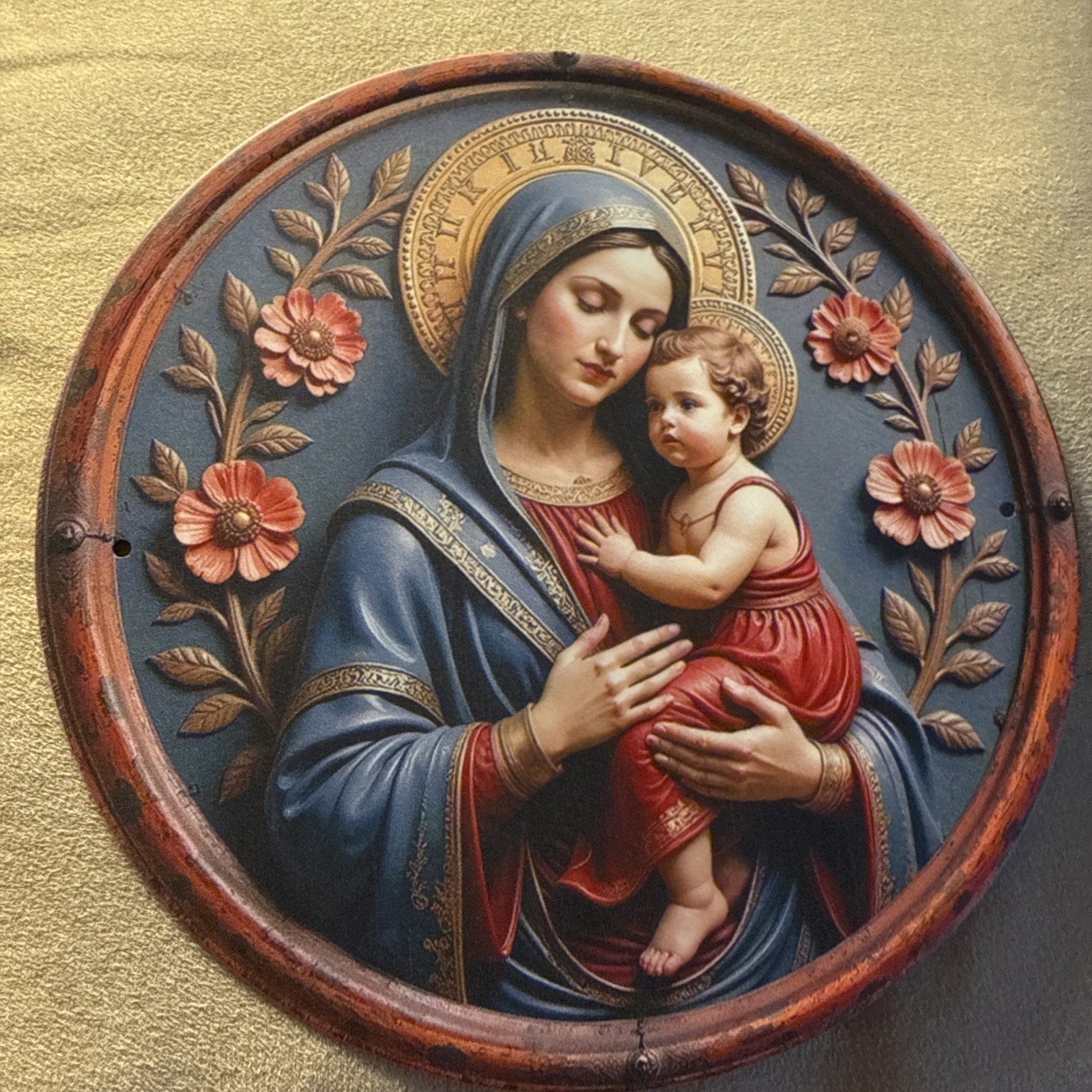 Beautiful Blessed Mother With Baby Jesus In Her Arms Wall Tin Size 7.8”x7.8”