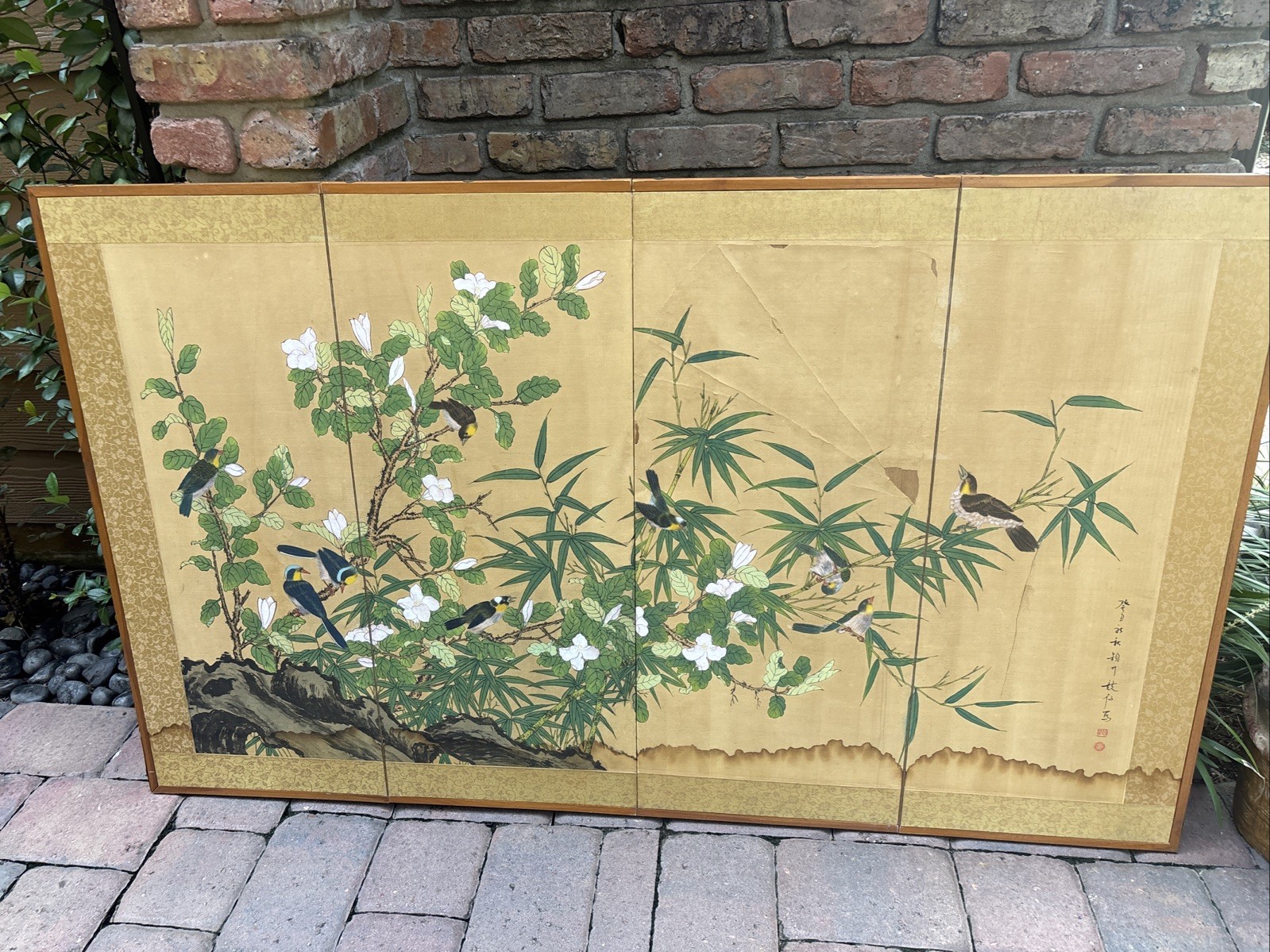 Vintage Japanese Byobu 4 Panel Folding Screen Flowers Birds. READ DESCRIPTION