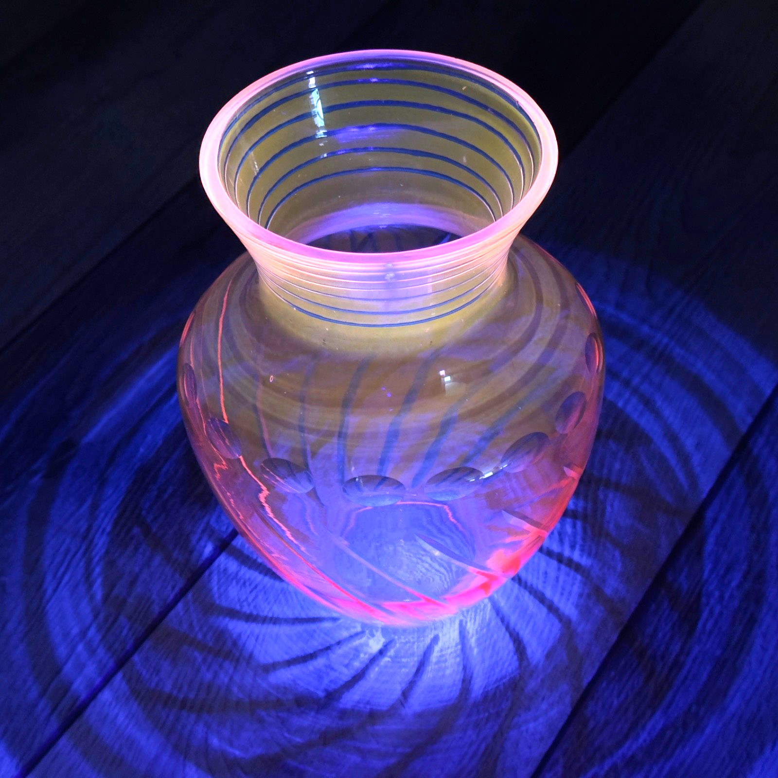 Vintage UV Pink Cut To Clear Bohemian Hand Blown Glass Vase 8