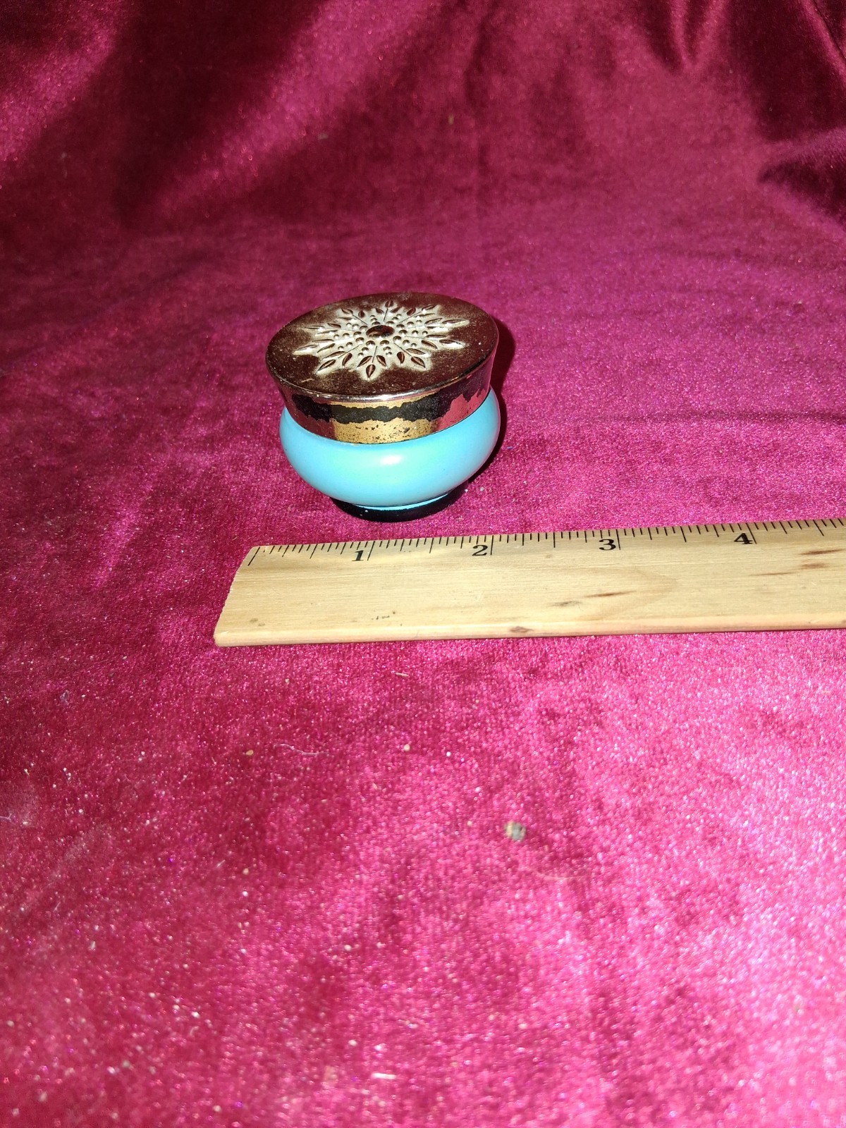 Vtg 1970s Avon Bird of Paradise Cream Sachet Jar Blue Gold Chinoiserie Decal 2