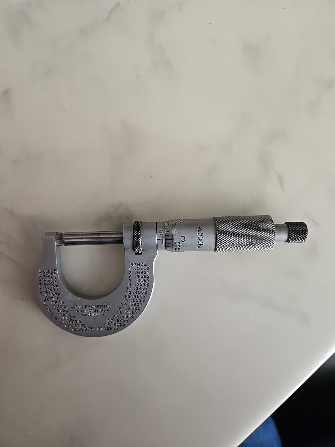 L. S. Starrett No. 230RL Outside Micrometer 0-1 L. S. Starrett No. 230RL Outside Micrometer 0-1