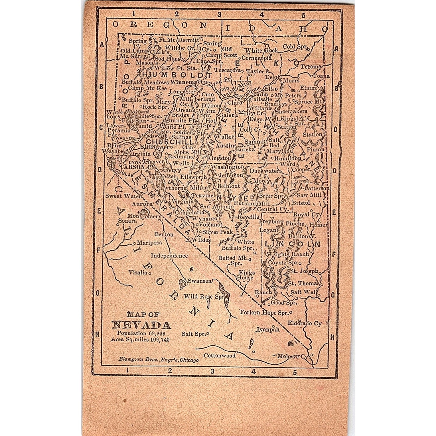 Antique 1889 Map of Nevada 1889 Pocket Map Engraving SAG4-H4