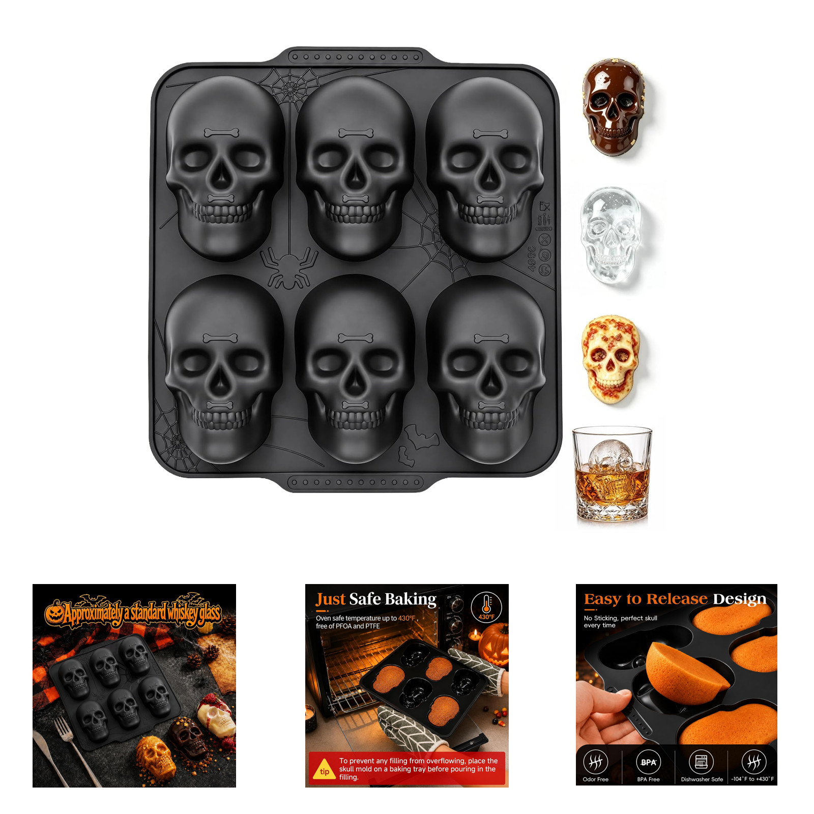 Silicone Skull Baking Pan BPA Free, 6 Cavity Halloween Cake Molds, Oven