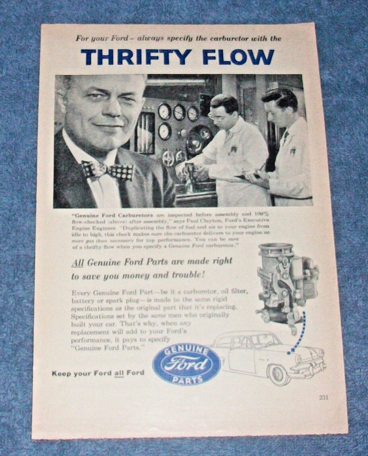 1956 Ford Genuine Parts Vintage Carburator Ad 