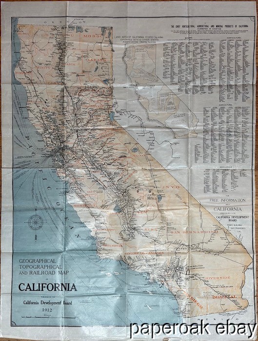 1912 California Topographical & Railroad Map by California Development Board