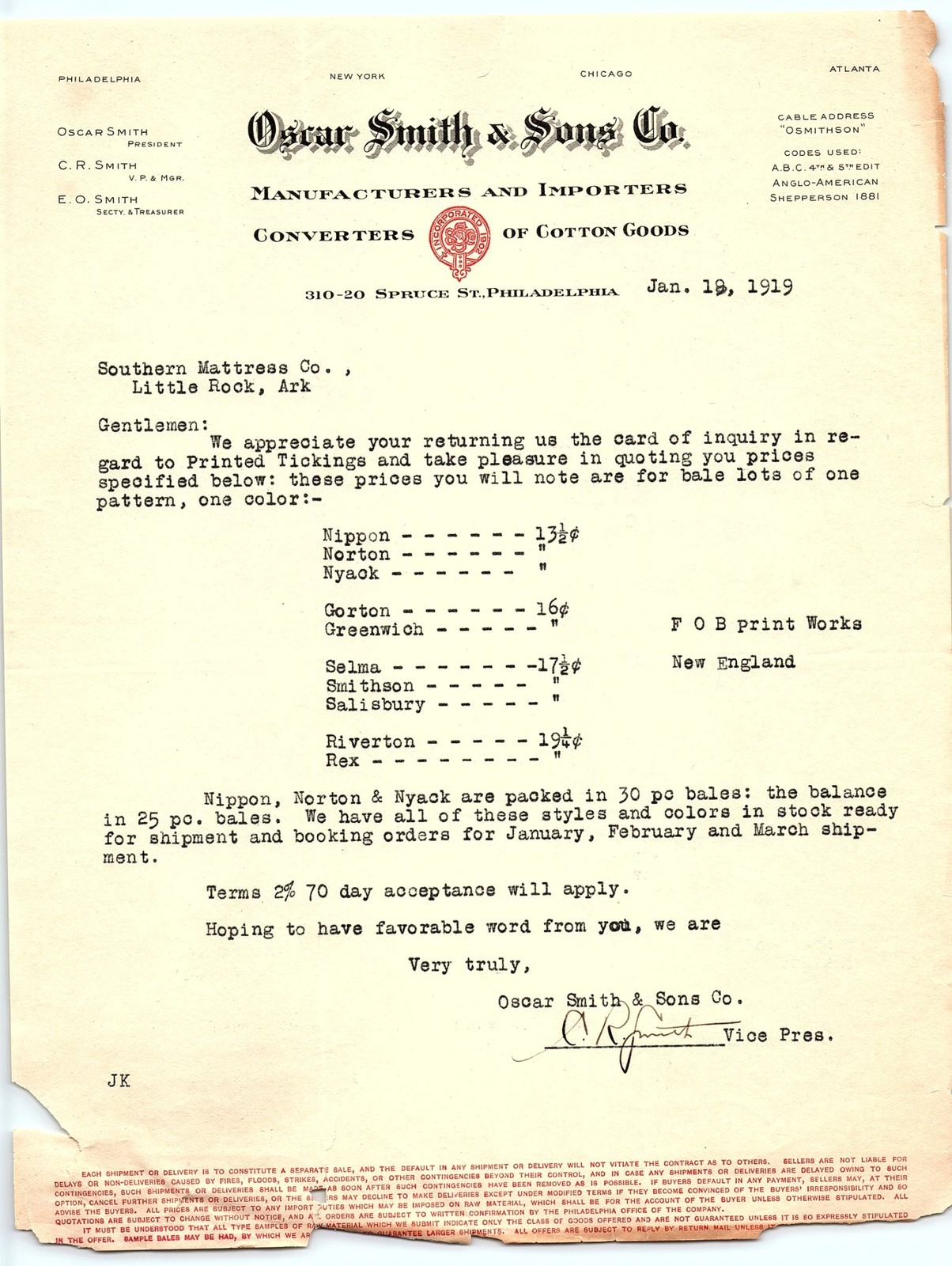 1919 Oscar Smith & Sons Co. cotton goods price quote