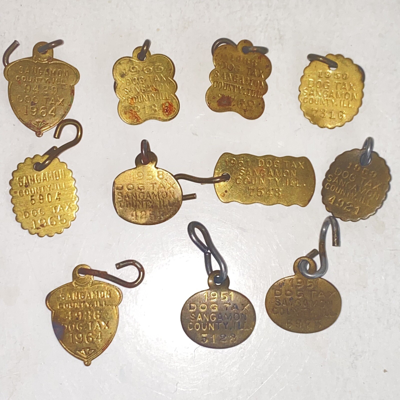 Vintage 1949-1965 Sangamon County Illinois Brass Dog Tax Tags Large Lot Vintage 1949-1965 Sangamon County Illinois Brass Dog Tax Tags Large Lot