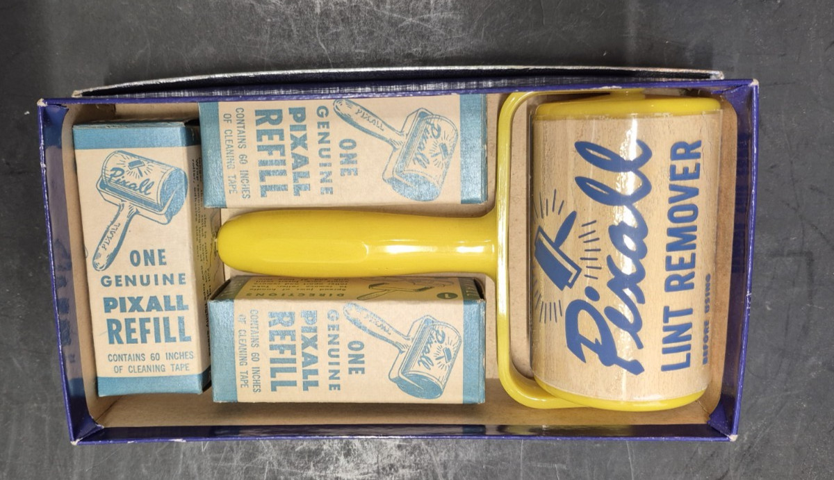 Vintage Pixall Lint Remover Yellow Handle 3 Refills Original Box