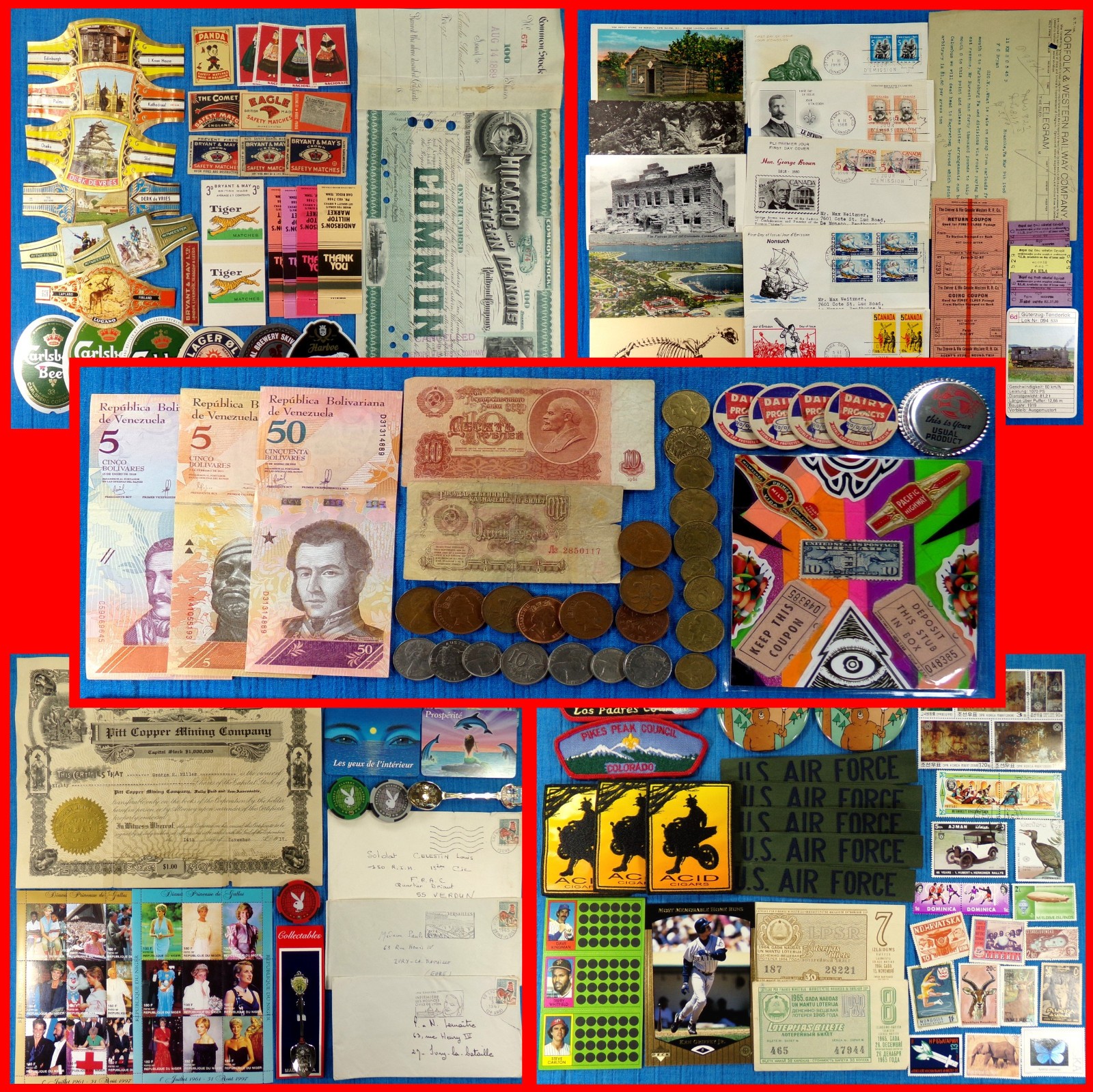 Worldwide Variety Lot Mixed USA Foreign Stamps Labels Currency Art Cards Patches