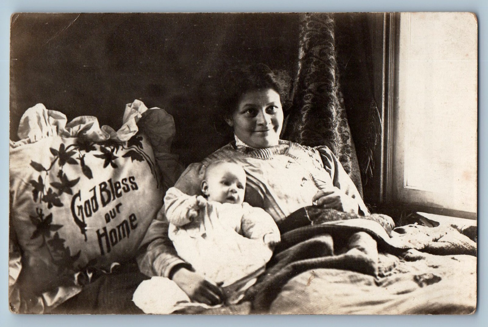 Mother And Baby Postcard RPPC Photo Bedroom House Interior c1910\'s Antique