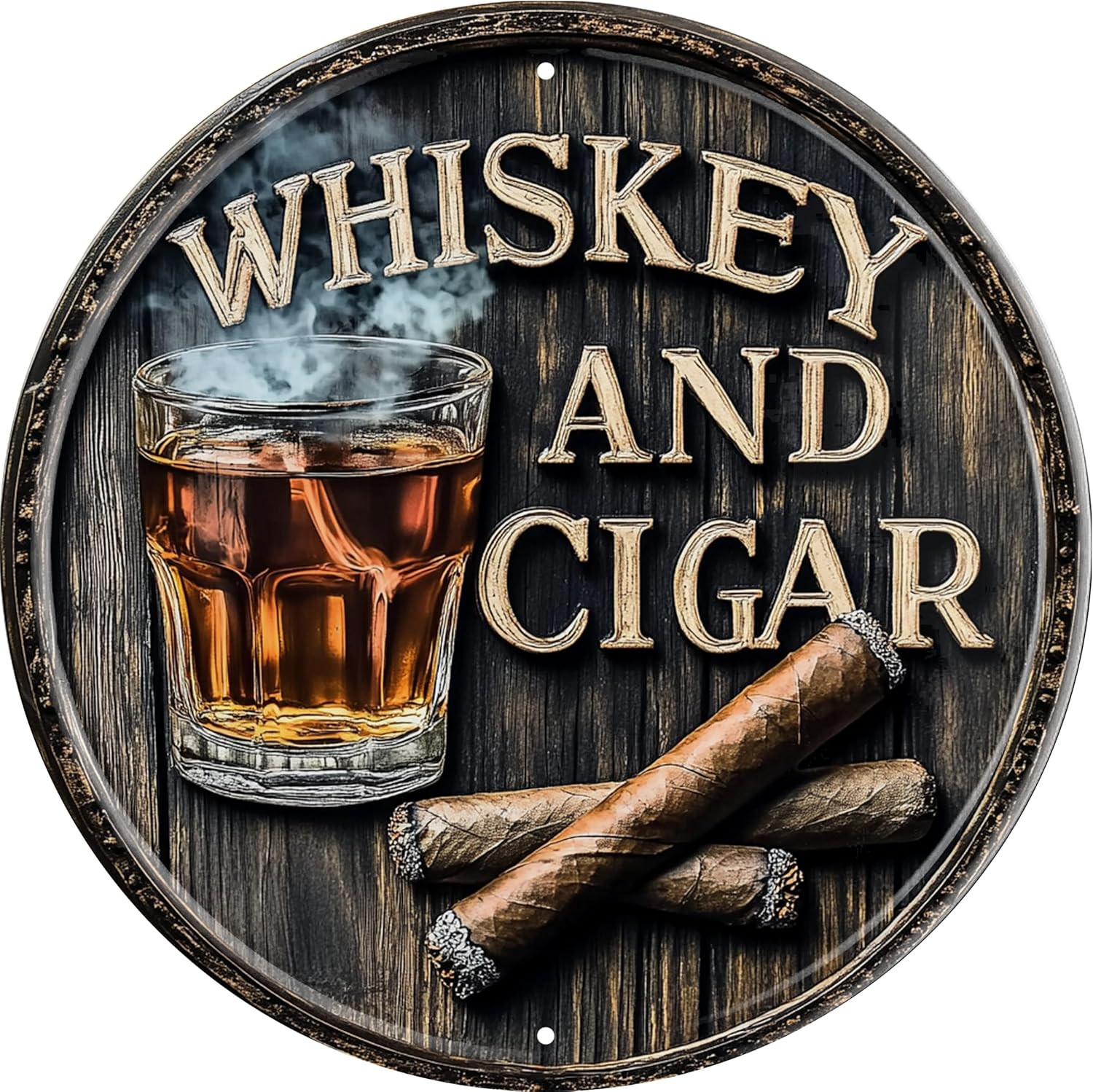 Vintage round Tin Whiskey and Cigar Sign Retro Metal Sign Suitable for Home Stre Vintage round Tin Whiskey and Cigar Sign Retro Metal Sign Suitable for Home Stre
