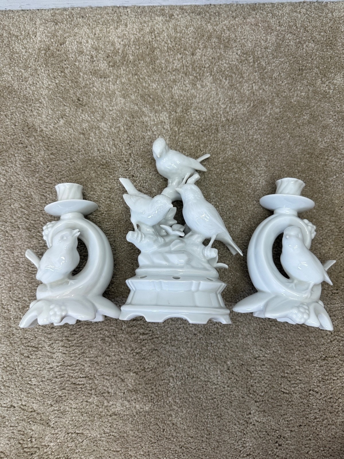 VTG Dresden Porcelain Wolfsohn & Sons Pair Of Bird Candle Holders + Flower Frog VTG Dresden Porcelain Wolfsohn & Sons Pair Of Bird Candle Holders + Flower Frog