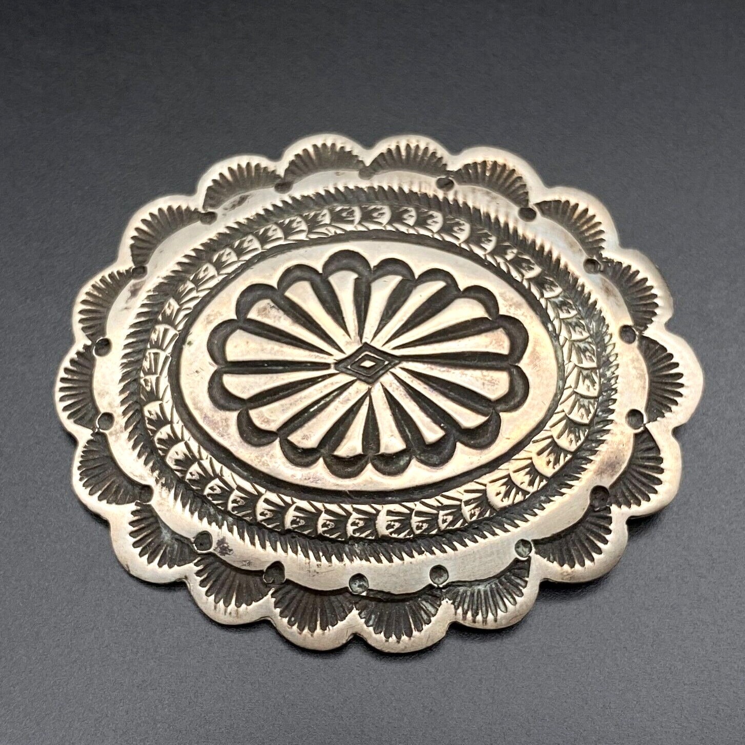 Vintage Navajo Native Leonard Maloney Stampwork Sterling Silver Brooch Pin