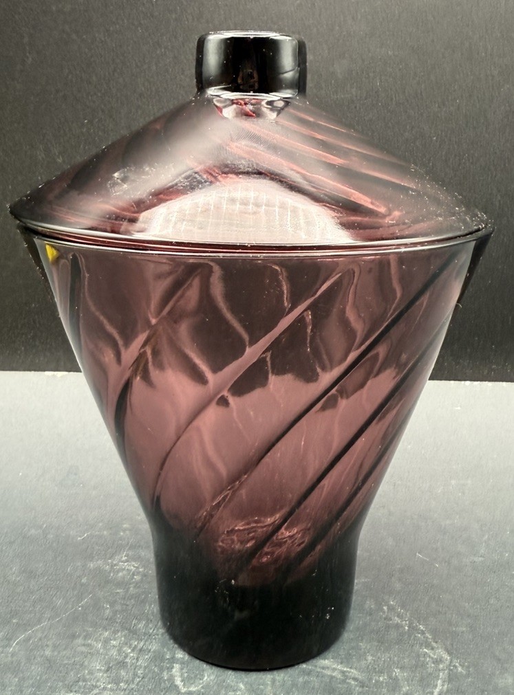 Mid Century Candy Jar With Lid-Hazel Atlas Moroccan Amethyst Purple Glass Swirl 