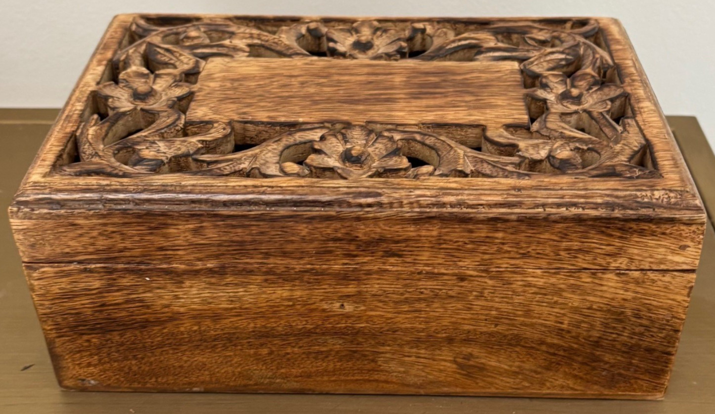 Hand Carved Mango Wood Jewelry Keepsake Box Floral Leaf Design 9\