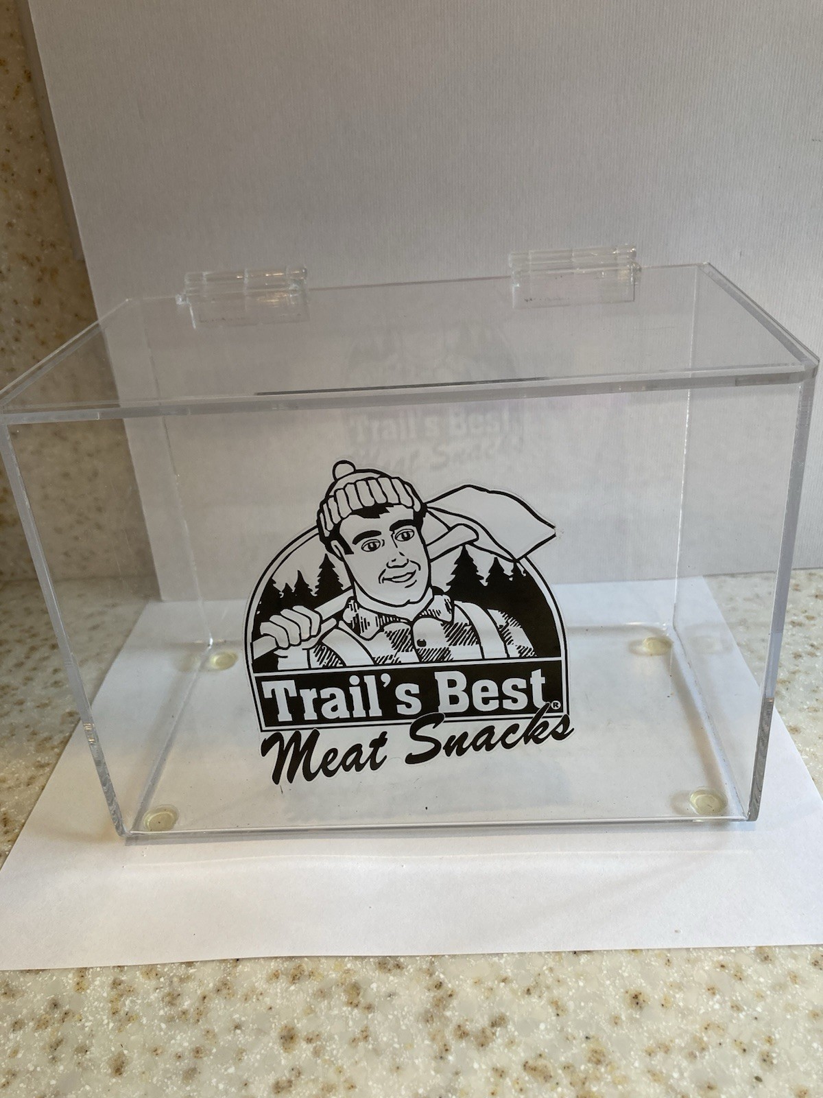 Vintage Trail’s Best Meat Snacks Clear Countertop Display Bin With Hinged Lid
