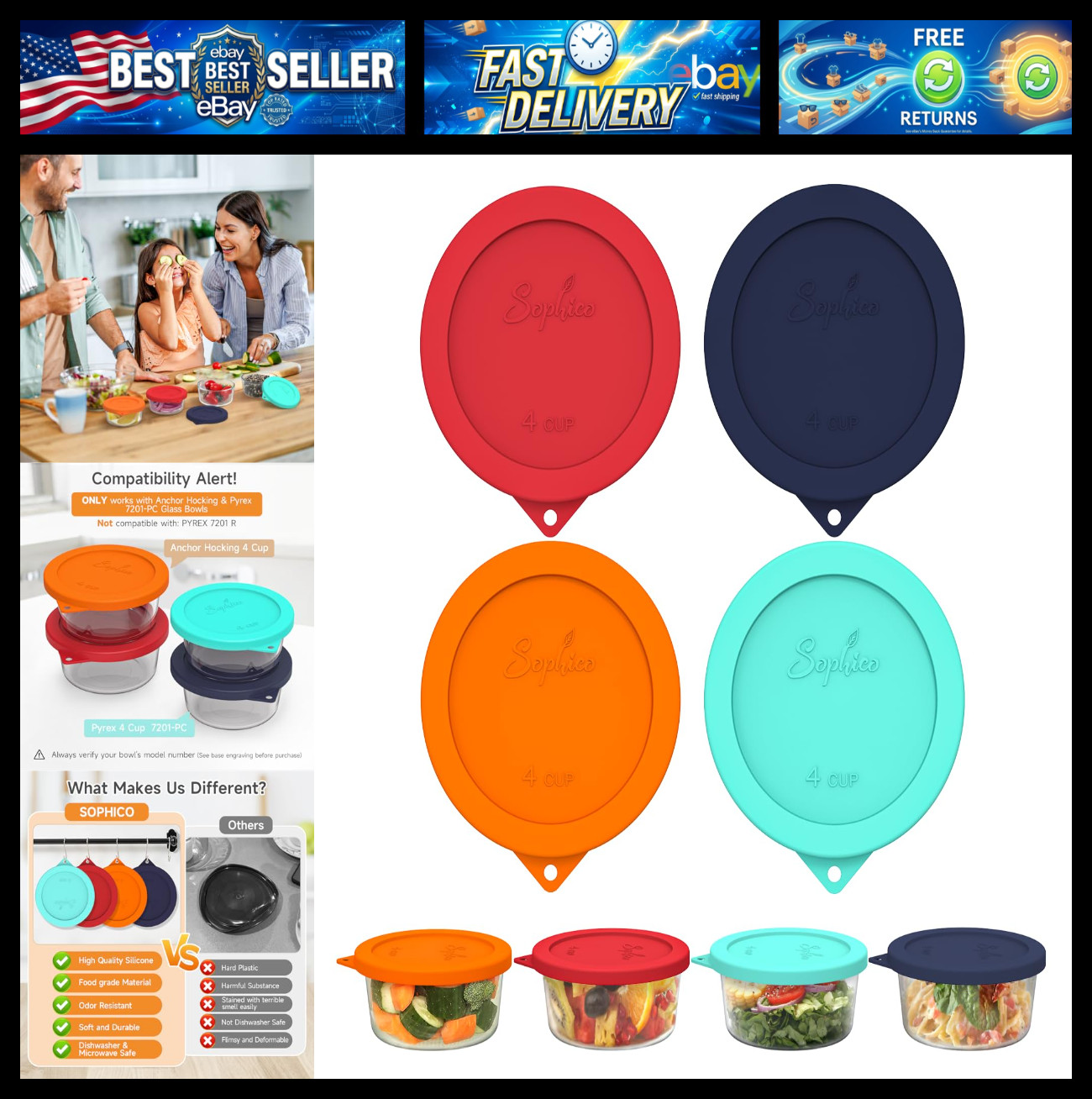 SOPHICO 4 Cup Silicone Lids Replacement for Pyrex & Anchor Hocking 7201-PC