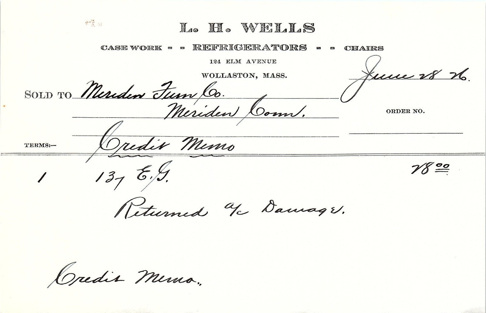 Vintage L.H. Wells Credit Memo, Wollaston, Mass. Furniture