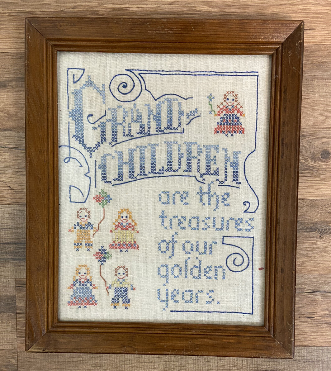 Vintage Cross Stitch Sampler Framed 16”x13” Grandchildren are Treasures