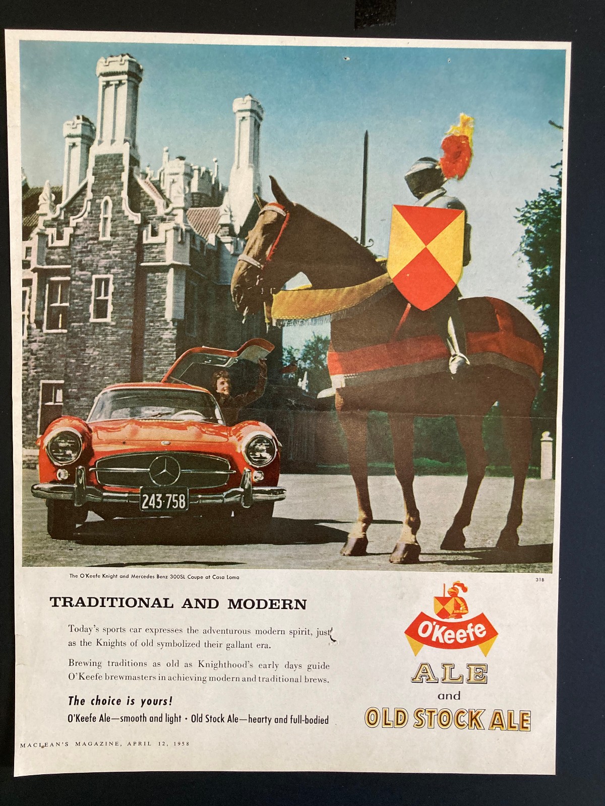 1958 CANADA CANADIAN AD BEER BREWERY O\'KEEFE\'S MERCEDES BENZ 300SL COUPE CASA