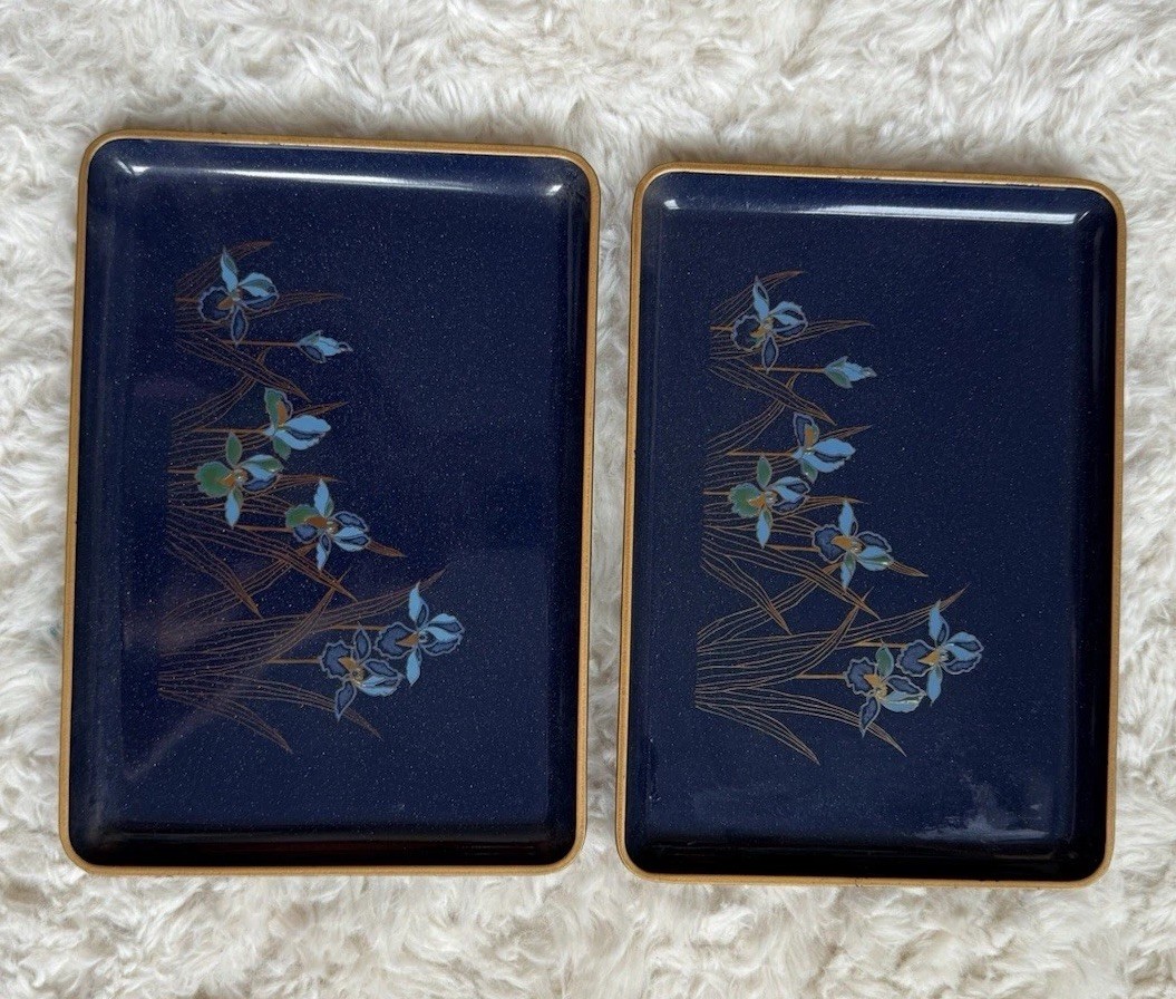Vintage Otagiri Japanese Lacquer Trays Set of 2 - Blue Iris Galaxy Blue Gold MCM