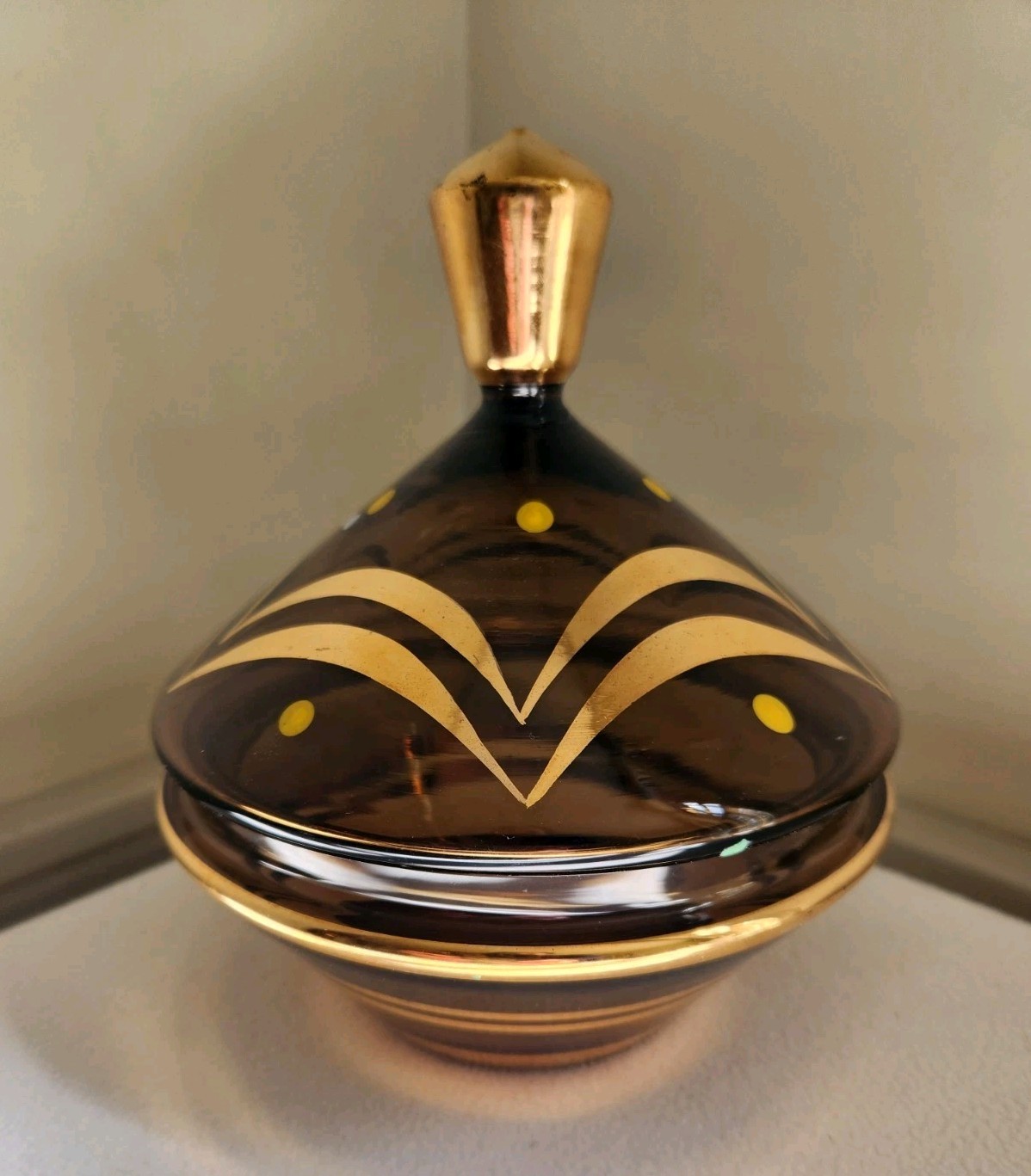 MCM Vtg Covered Compote Gold Gilt Smoke Glass Candy Dish Bowl 7.5