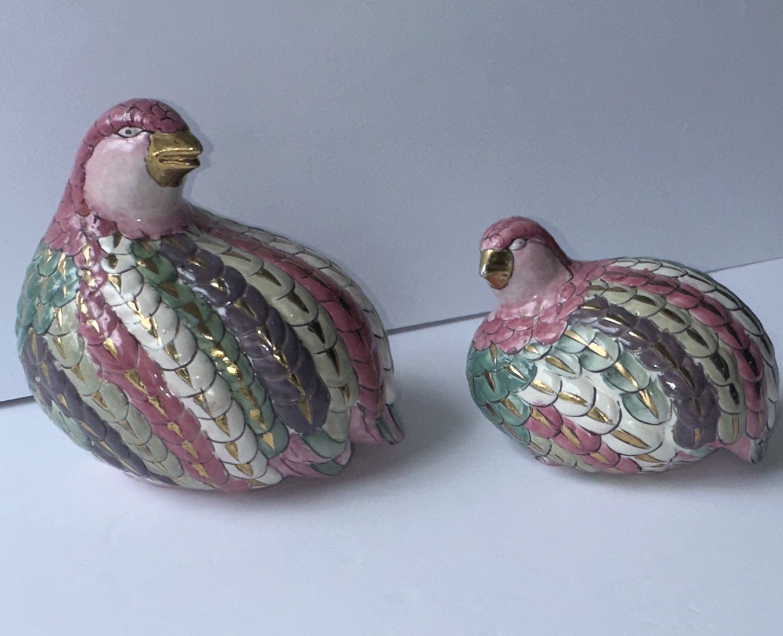 Vintage Hand Painted Ceramic Quail Figurine Pastel Pink Green Purple Gold Accent