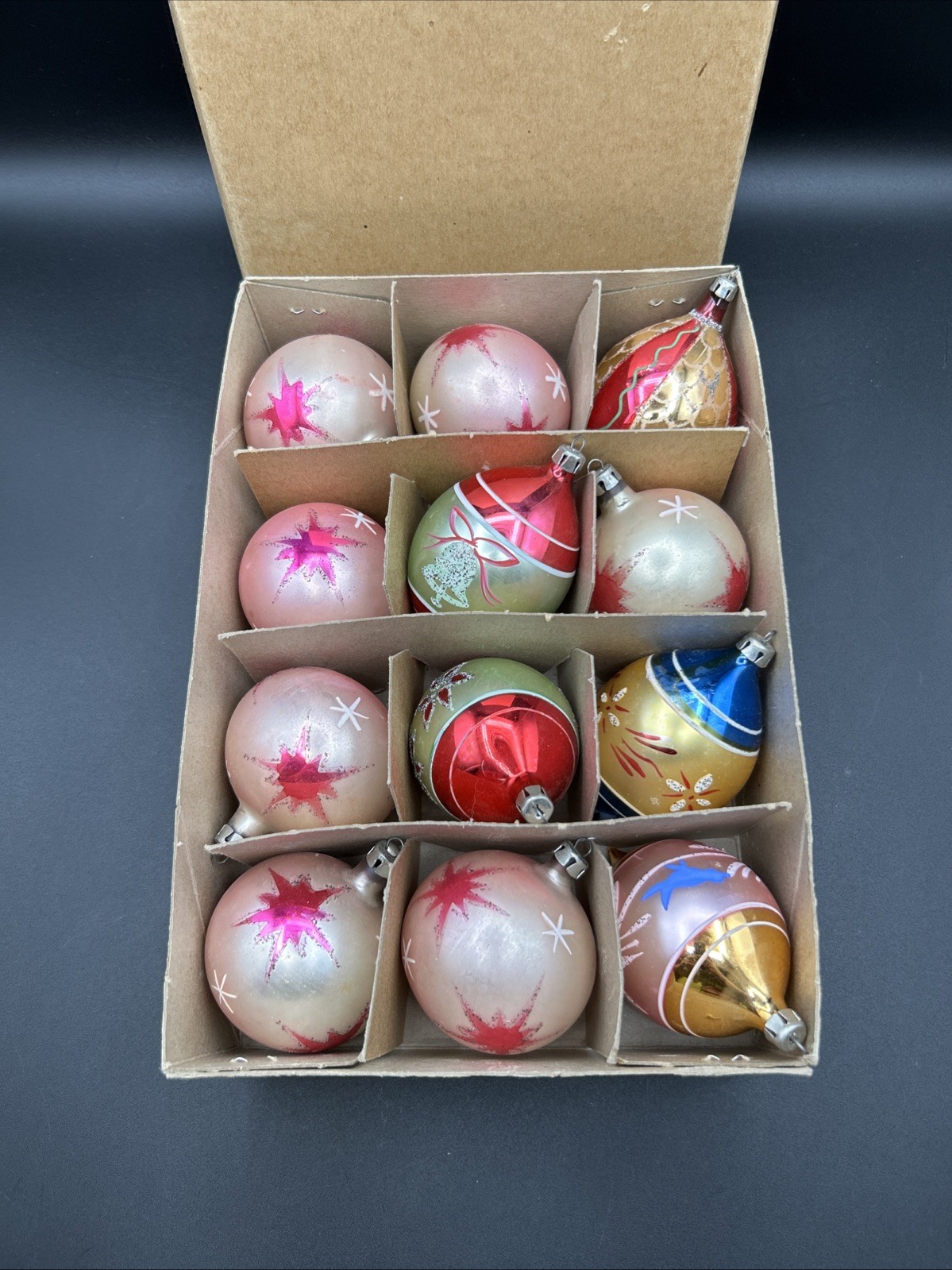 Vtg J.C. Penney Poland Glass Christmas Ornaments Boxed Lot Pink Teardrop 12pc