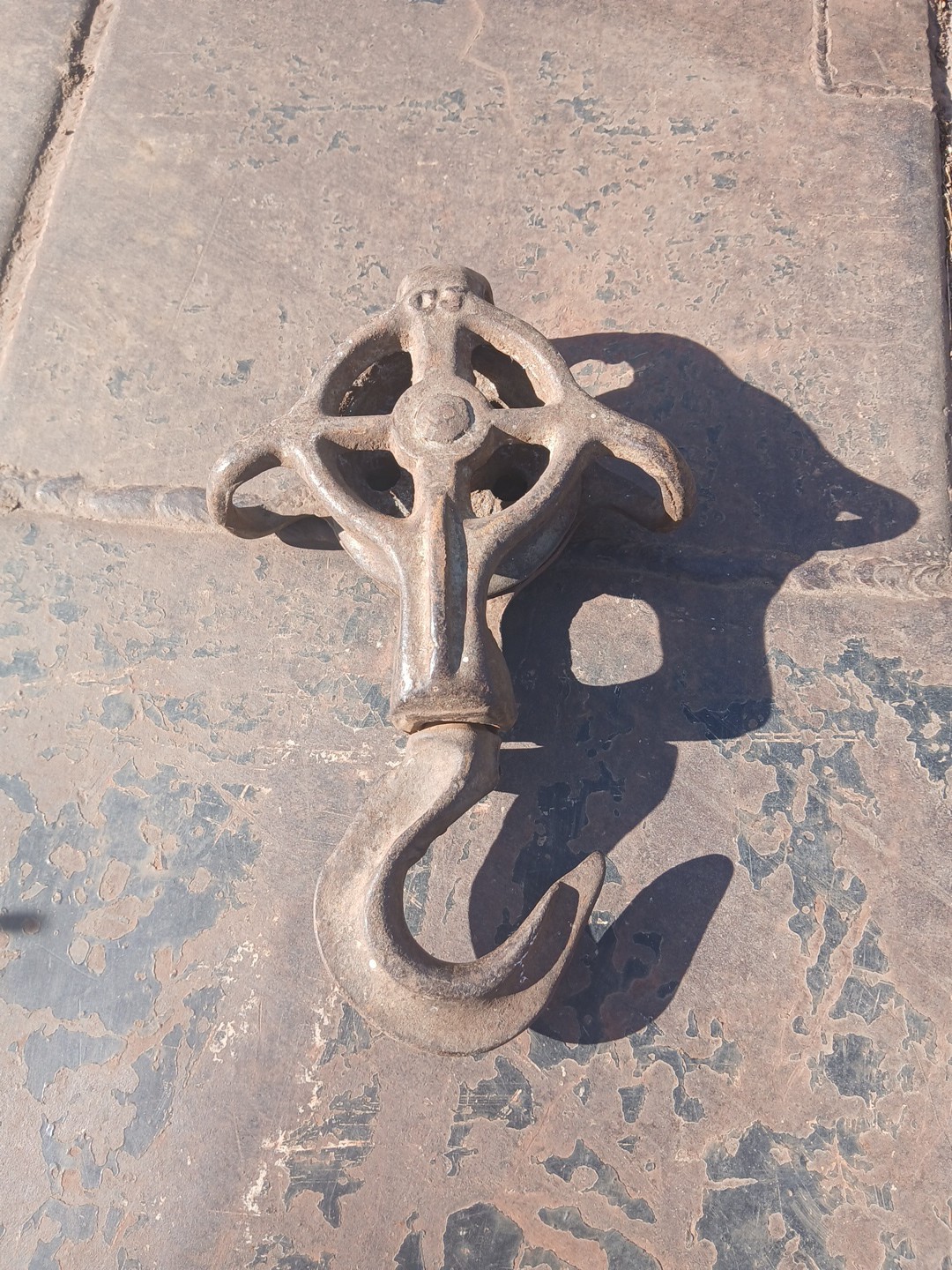 Antique C.J. Cast Iron Hay Trolley Single Pulley with Rotating Swivel Hook