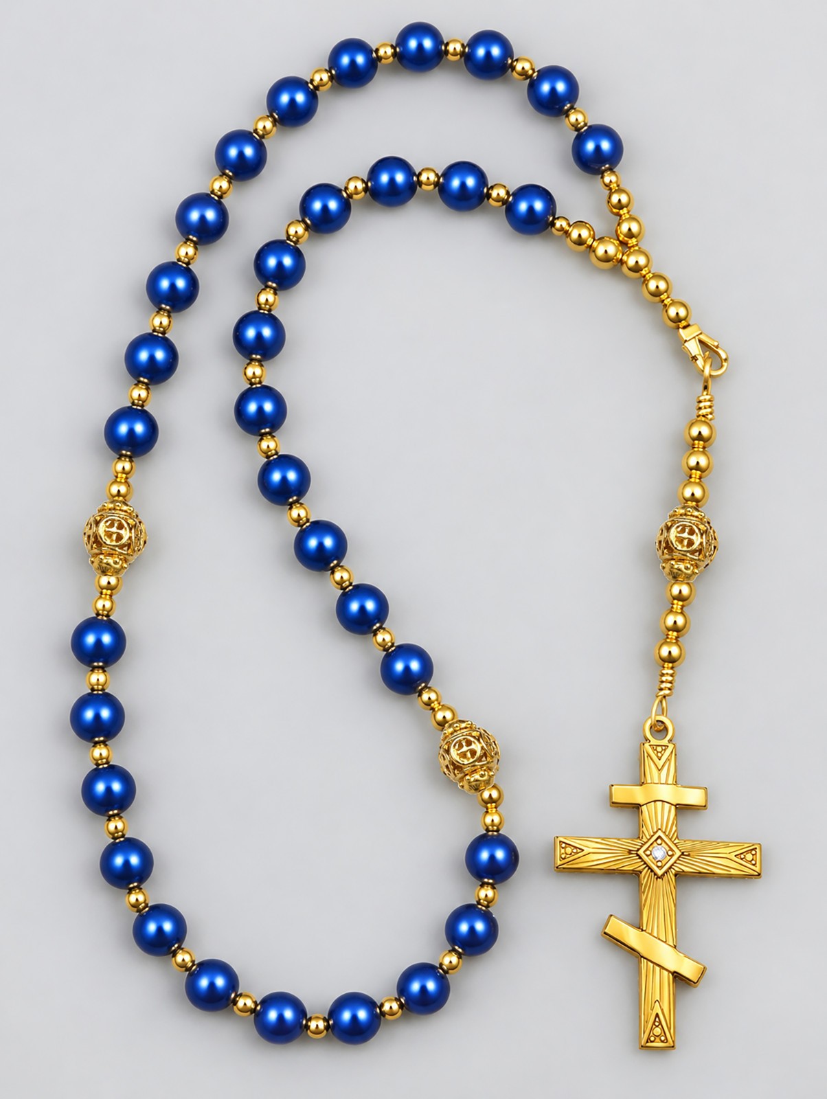 Handmade Orthodox Rosary, Chotki, Blue Shell Pearl, Golden Stainless Steel Cross