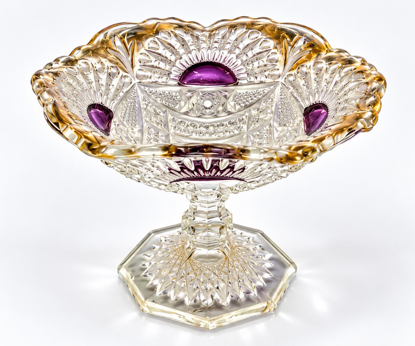 Vintage Diamond Cut Footed Glass Bowl Cranberry Gold Gilded Trim Pedestal
