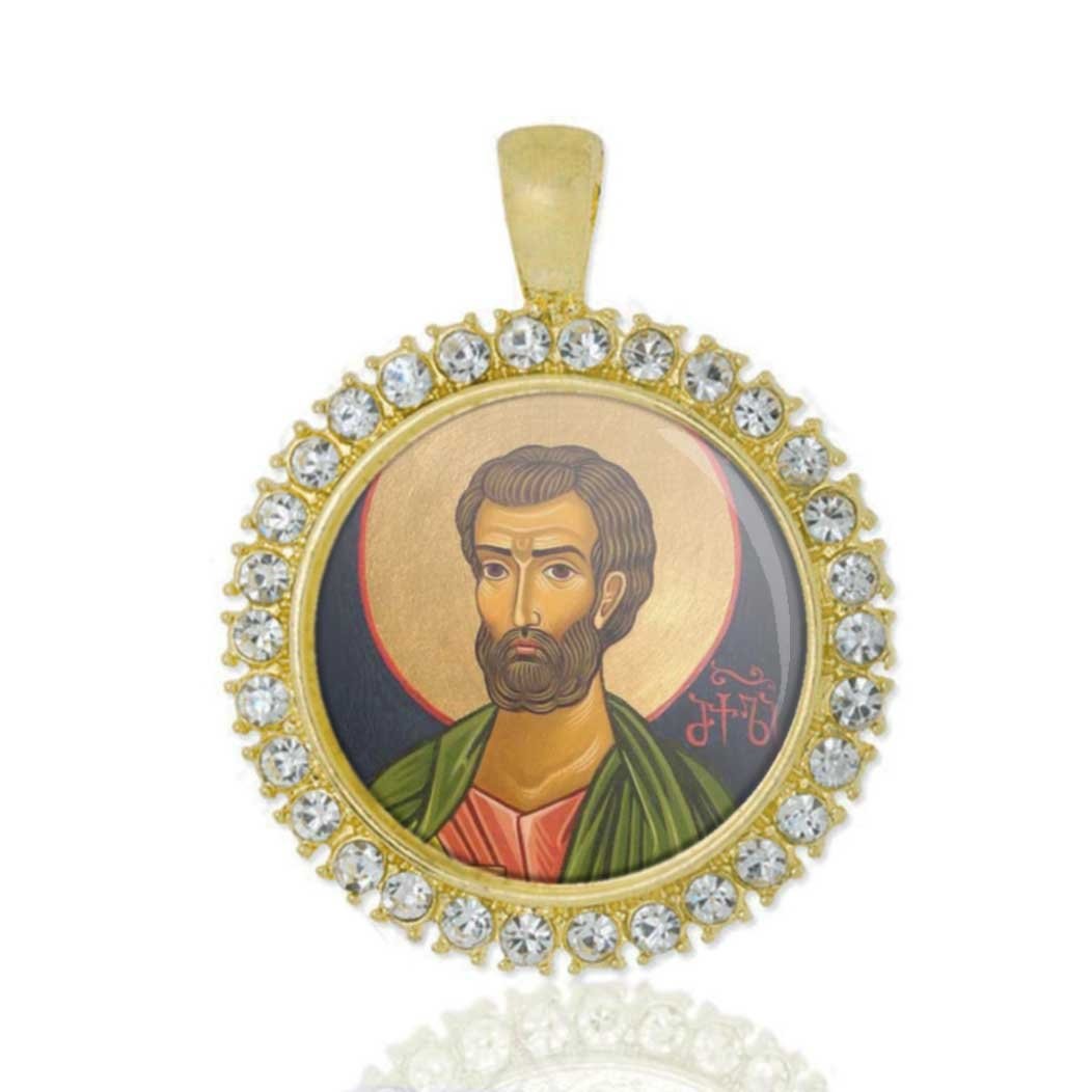 St Bartholomew Christian Round Medal Gold Tone Pendant with Rhinestones