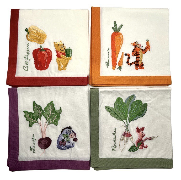 Set/4 Disney “Simply Pooh” Embroidered Cotton Napkin Winnie Tigger Eeyore Piglet