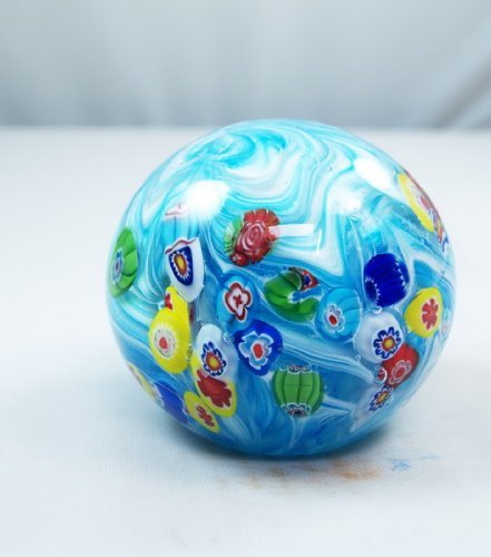 M Design Art Light Blue Spiral w/ Random Murrine Paperweight PW-697