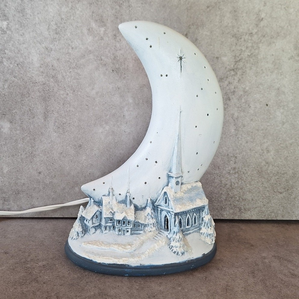 Vintage celestial Cresent moon night light lamp snowfall village chapel boho